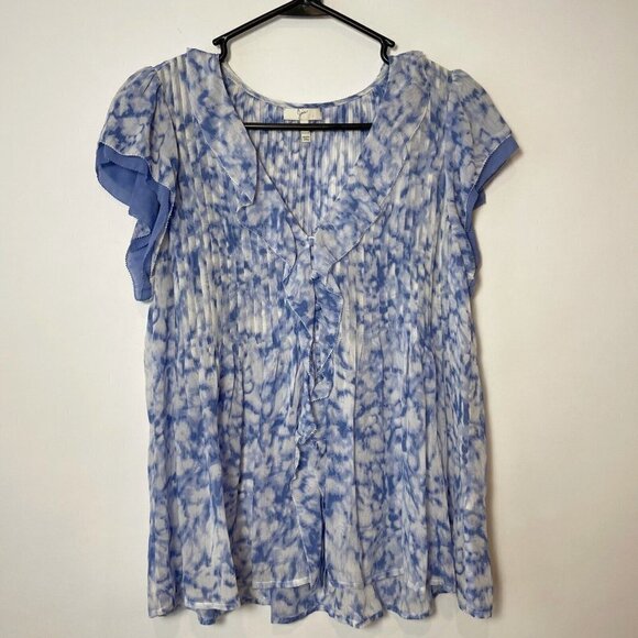 JOIE Womens Cayden Silk V-Neck Ruffle Blouse Blue XS Pleated Button G69B-21163 - Picture 1 of 7